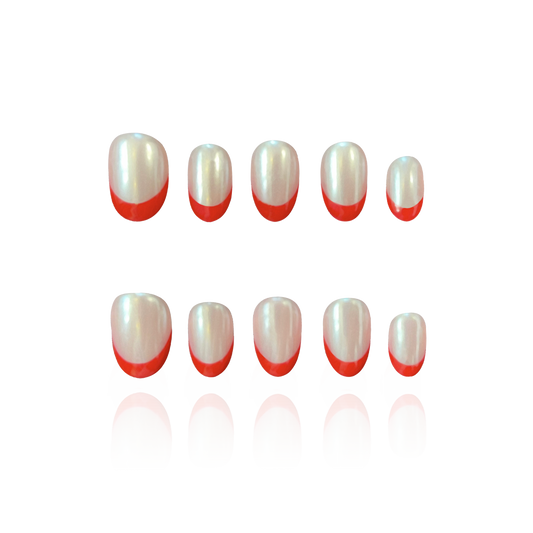 Tiddly Lip is a reusable handmade press-on nails set by Leme. The set offers a sophisticated manicure with its short oval-shaped nails featuring a classic French tip in elegant red and pearl pink tones. Crafted with high-quality chrome finish, these nails provide a sleek, durable look that enhances natural beauty with expert precision. Perfect for a refined, polished appearance.