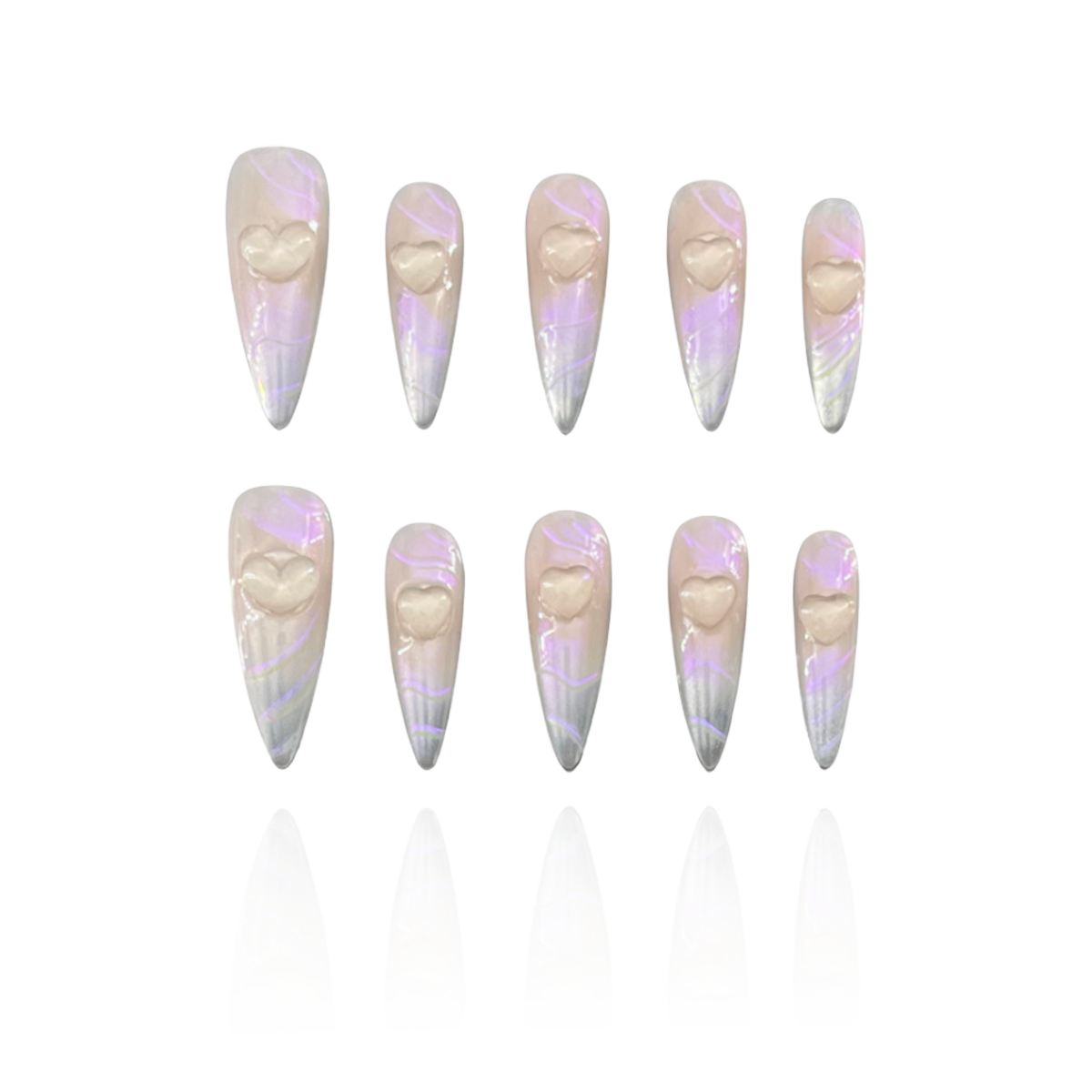 Time Machine is a reusable handmade press-on nails set by Leme. Elevate your nail art with the "Time Machine" set, featuring high-quality, long stiletto-shaped nails. Each piece showcases a sophisticated nude and silver base, enhanced by a striking purple-pink chrome finish. The standout 3D heart decoration adds a unique, expert touch, perfect for those seeking a blend of elegance and bold style. Ideal for making a lasting impression with refined craftsmanship and contemporary design.