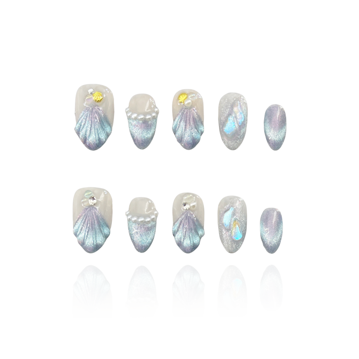 Treasure Beneath is a reusable handmade press-on nails set by Leme. Experience the elegance of "Treasure Beneath" nails, featuring expertly crafted short almond-shaped tips with a sophisticated blue cat-eye effect. These high-quality 3D nails showcase delicate water-inspired designs on a pristine white base, accented with lustrous pearls for a refined, dimensional look. Perfect for those seeking a subtle yet striking manicure that combines artistry with durability.