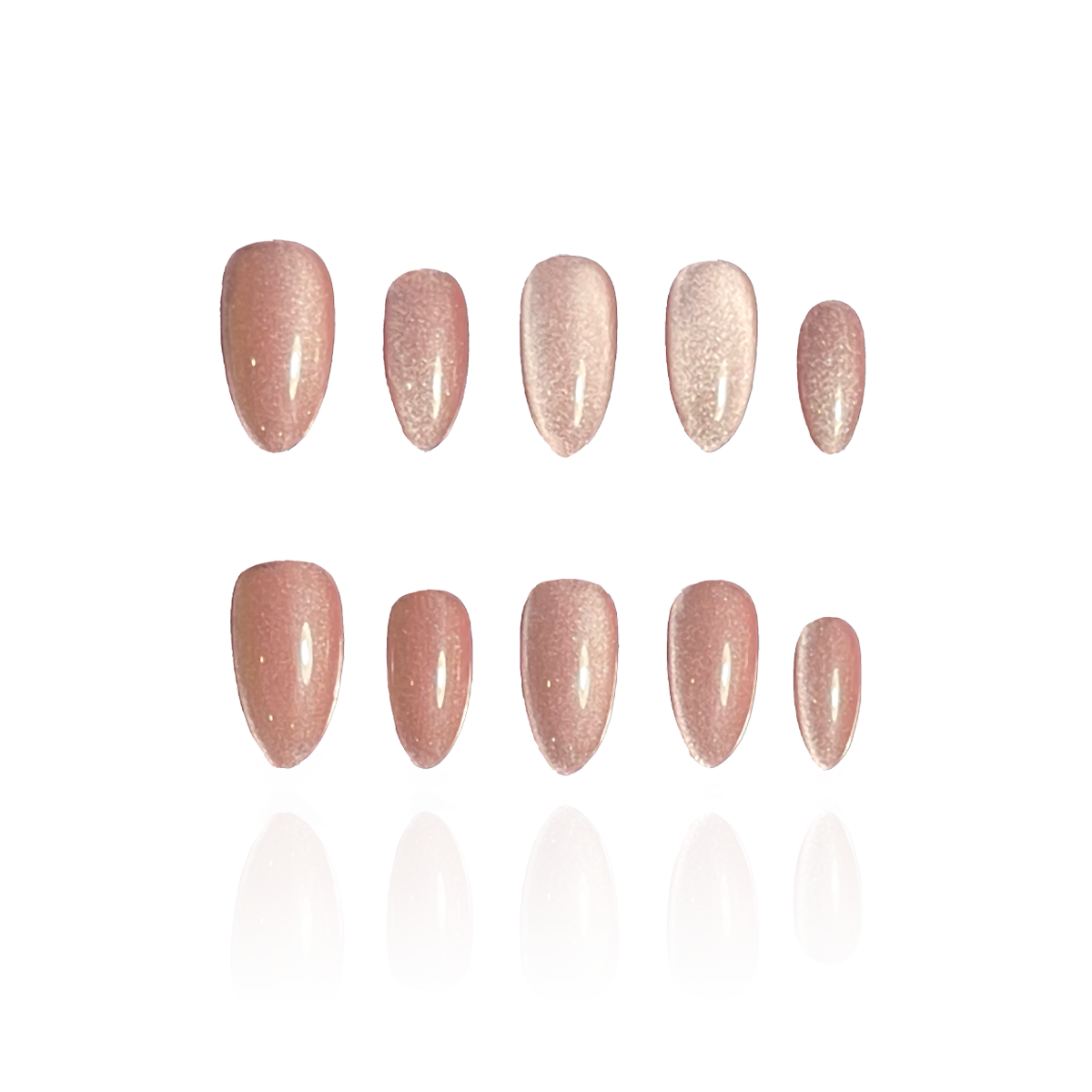 Velvet Pink is a reusable handmade press-on nails set by Leme.  Elevate your look with Velvet Pink, featuring a sophisticated cat-eye design in a short almond shape. This high-quality nail polish offers a smooth, nude pink finish that complements any style with subtle elegance. Perfect for those seeking a refined yet modern manicure.