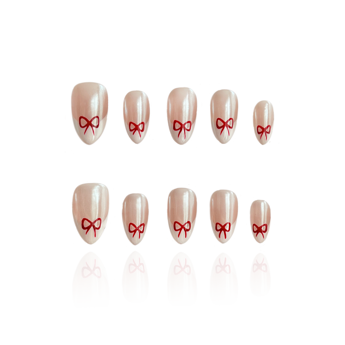 Wish Boxes is a reusable handmade press-on nails set by Leme. These reusable, handmade nails feature a short almond shape with a classic French nude design, accented by an elegant bowtie detail. Crafted with high-quality materials, they offer a sophisticated and natural look perfect for any occasion. Durable and easy to apply, they combine style and practicality for a refined manicure experience.